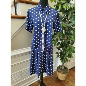 Vintage Chaus Women's Blue Polka Dot Collared 2 Piece Jacket & Skirt Suits 12